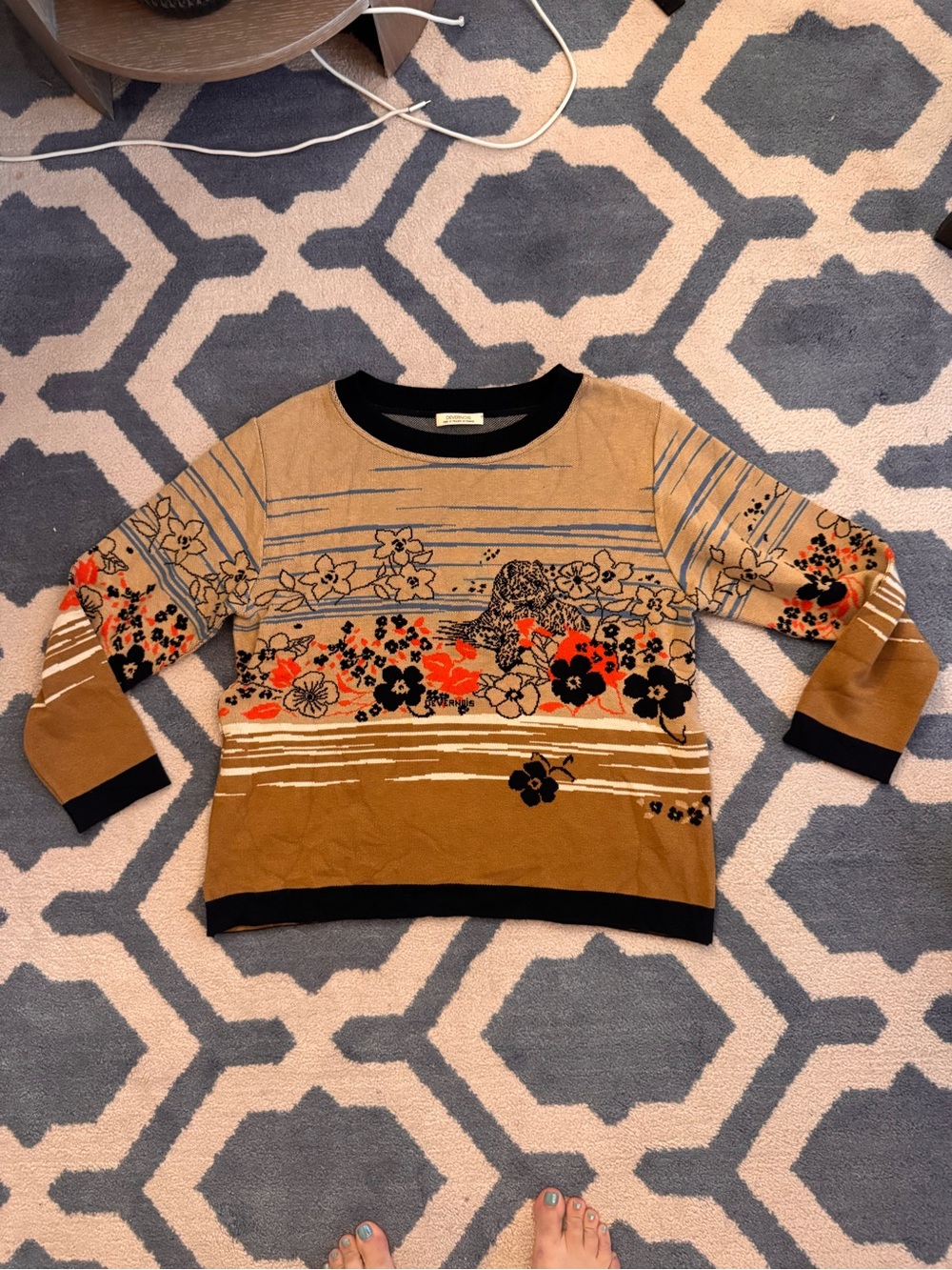 Devernois Crewneck Floral Stripe Knit Sweater in Brown with Black Trim
